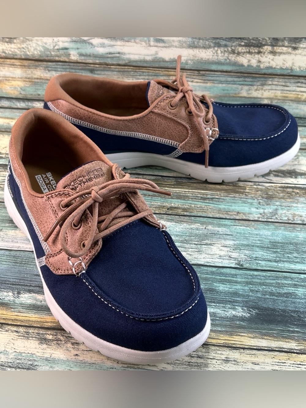 SKECHERS Boat Shoes Size 7.5 On The Go Nautical Comfort Sneaker Shoe Blue Brown